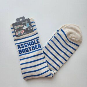 Blue Q Mens Crew Socks "A**hole Brother" Blue & Cream Striped Soft Combed Cotton